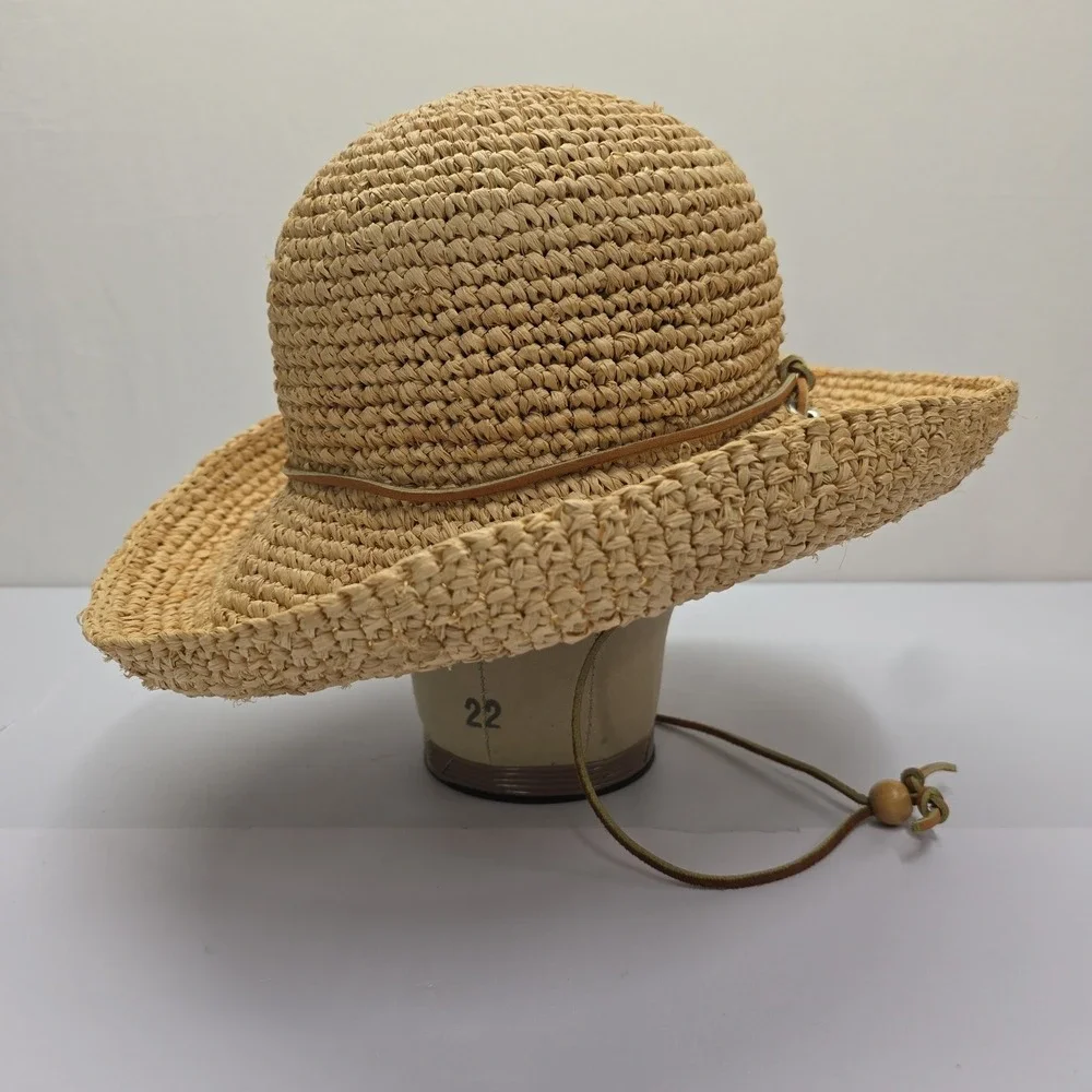 Handmade Natural Raffia Straw Sun Hat Tan Wide Brim Chin Strap Boho Summer
